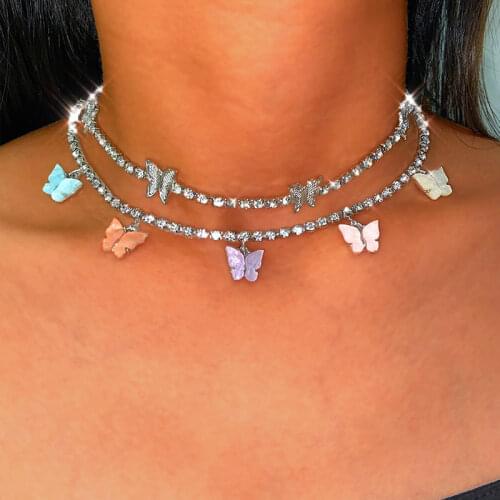 JJFOUCS Bling Gold Silver Color Crystal Chain Choker Necklace Girls Color Mixing Shine Butterfly Pendant Necklace Party Jewelry