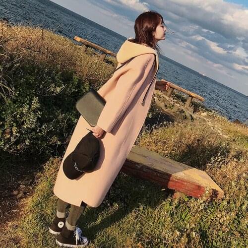 Hooded Faux 2pcs Women Woolen Coat Autumn Winter Casual Jacket Outerwear Plus Size Pink Wool Blend Casaco Feminino Pink f1411