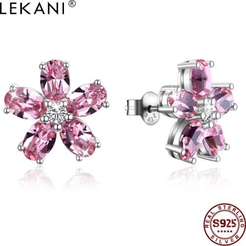 LEKANI 925 Sterling Silver Stud Earrings For Women Petal Austria Crystal Party Wedding Fashion Jewelry Gift New Arrivals