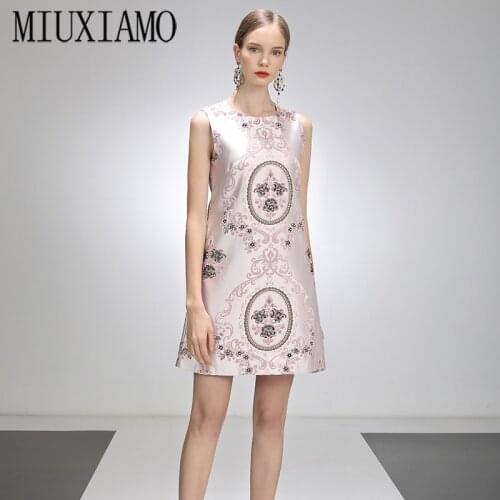 MIUXIMAO 2021 Spring Summer Party Dress Flower Diamonds Above Knee Tank Office Lady Pink Casual Dress Women Vestidos