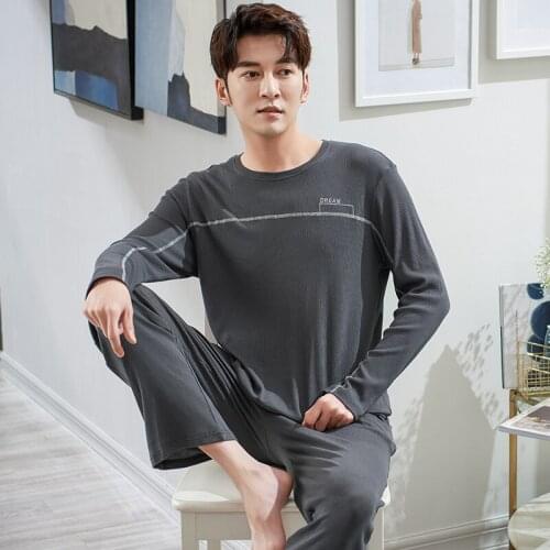 Modal Cotton Letter Sleepwear O-Neck Pajamas For Men Pijama Set Simple Fashion Long Sleeves Long Pants Loose Pyjama Plus Size3XL