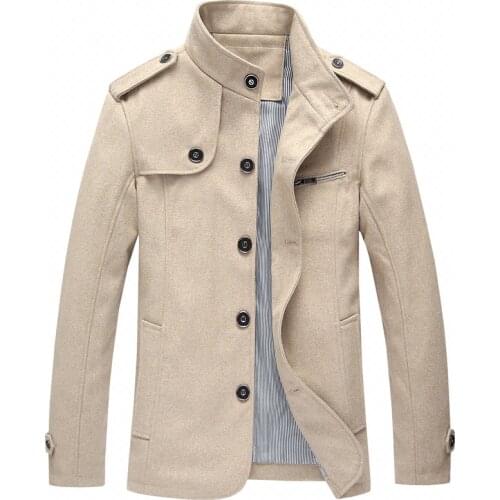 Mens Windbreaker Mid-Length Stand-Up Collar Korean Casual Jacket Woolen Coat