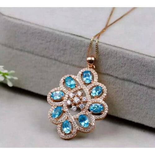 Natural blue topaz pendant S925 silver Natural gemstone Pendant Necklace trendy Luxury round string women party fine jewelry