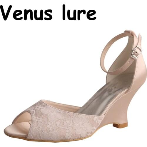 Lace Wedge Formal Shoes Nude Color Ankle Strap Sandals for Bridesmaid