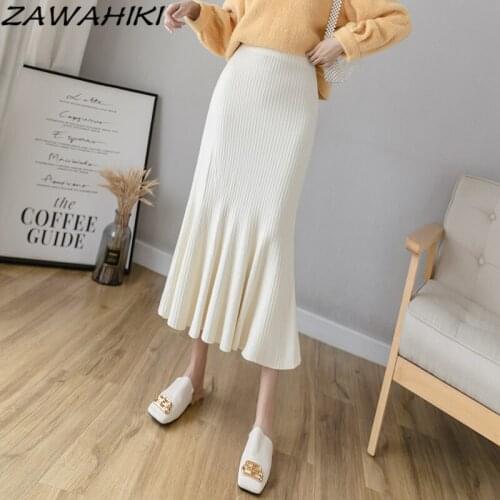 ZAWAHIKI Autumn New Style Pleated Solid Elegant Fishtail Knit Skirt Mid-length High Waist Slim One Step Skirt Bag Hip Skirts