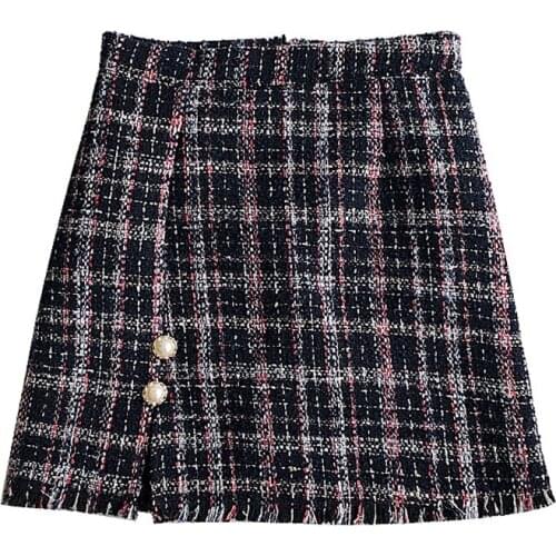 PERHAPS U Pencil Skirt Vintage Sexy Mini High Waist Tassel Short Chic Tweed Plaid Black White Elegant Pearl Beading Winter S0182