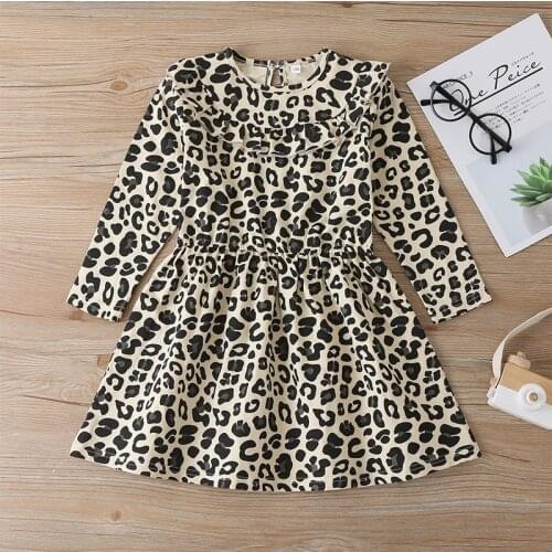 Toddler Kids Baby Girls Dress Leopard Print Long Sleeve Lotus Leaf Round Neck Dress Fashion Children Dress Clothes