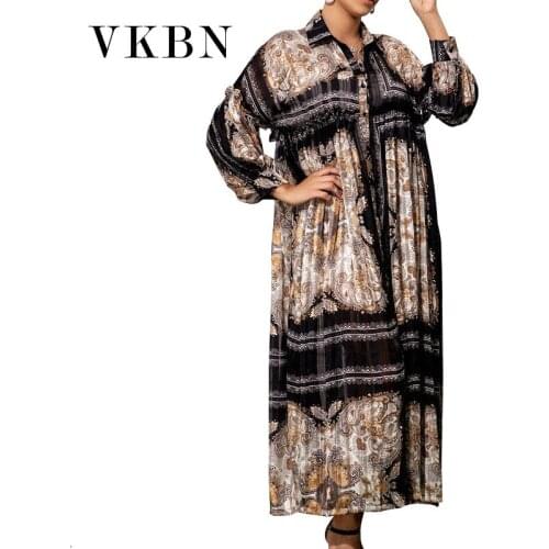 VKBN Women Dress Up Long Sleeve Turn-down Collar Fashion Print Lantern Sleeve Loose Shirt Dress Plus Size Women
