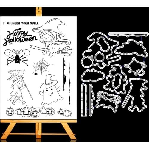 AZSG Halloween Witch Clear Stamps Cutting Dies For DIY Scrapbooking/Album Card Make Decorative Rubber Stamp Craft