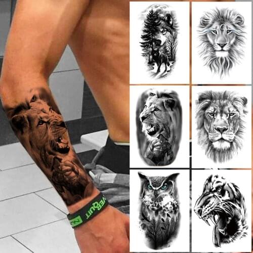 DIY Lion Temporary Tattoo For Men Women Adult Large Wolf Forest Owl Tattoos Sticker Black Warrior Monster Fake Tatoos Armband