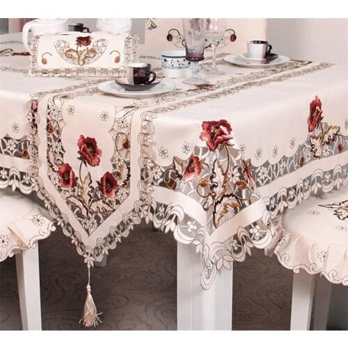 European Pastoral Style Floral Embroidered Pattern Tablecloth Soft&thick Coffee Cabinet Or Oven Cover Hotel Use Polyester Fabric