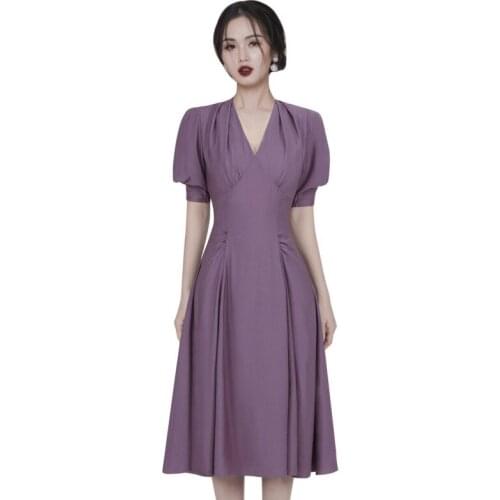 SMTHMA 2021 New Womens Summer Office Lady Slim Elegant Vintage Dress Sexy V Neck Women Puff Sleeve Purple Dress Vestidos