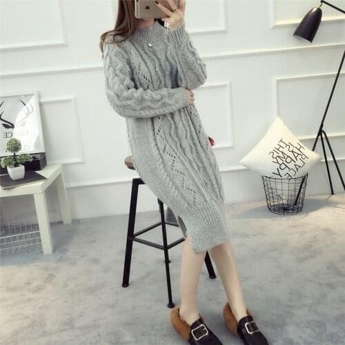 Long Fund Sweater Woman Pullover Korean New Pattern Hemp Flowers Easy Autumn And Thick And Half High Lead Knitting Dress
