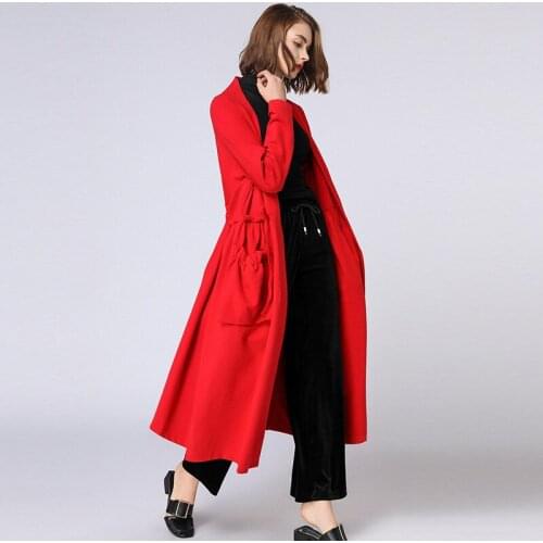 2-colors Autumn Winter Women Mid-long pleated v-neck coat Auricularia lace pocket sashes trench outerwear size XL-4XL black red