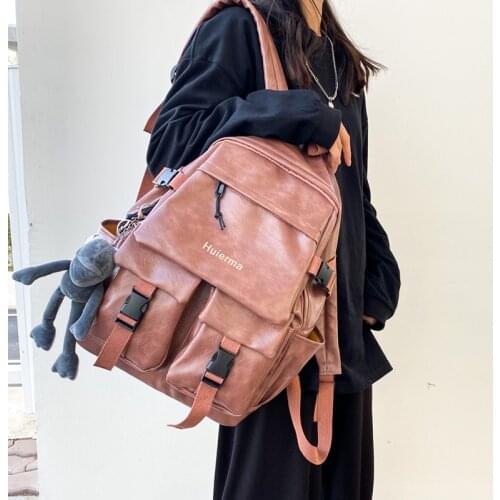 PU Leather Backpack Large Capacity Retro Women Backpacks Female Harajuku 15.6 Inch Laptop School Bag for Teenage Girls Bookbags