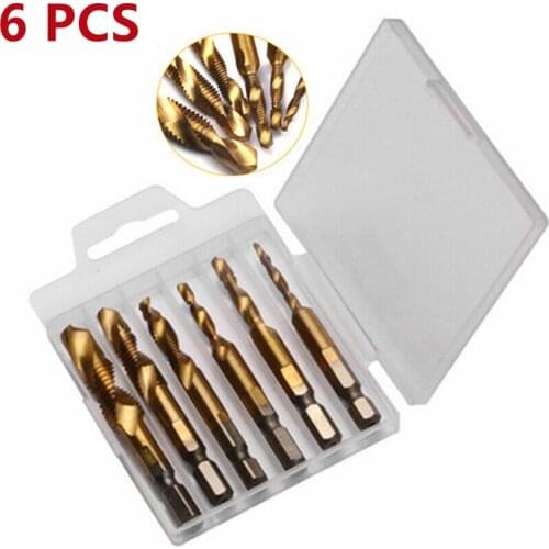 6PCS High Speed Steel Hexagonal Shank Three-in-one Compound Tap M3-M6 Spiral Tap For Drilling Tapping And Chamfering Machine