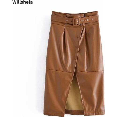 Willshela Women Fashion Solid Front Slit Skirt With Belt Buttoned High-waist Vintage Female Midi Skirts Woman jupe