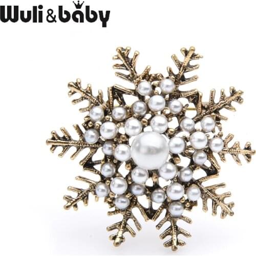 Wuli&baby Retro Pearl Snowflake Brooches Women Alloy Flower Brooch Pins Christmas Gifts