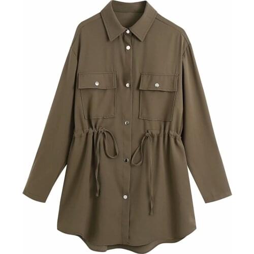 Women Fashion With Pockets Solid Single Breasted Jacket Long Sleeve Drawstring Lapel Neck Vintage Female Coats Chic Tops