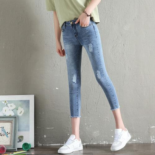 Woman Jeans Pants Summer High Waist Cropped Broken Holes Pants Pencil Pants Stretch Feet Pants Pantalones Vaqueros Mujer
