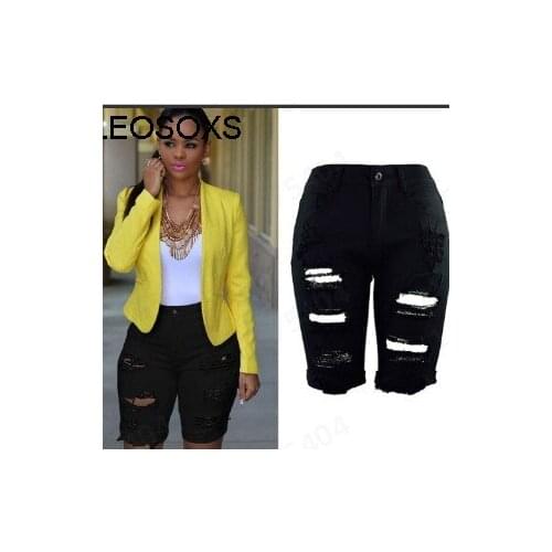 Womens Summer 2021 new Elastic ripped Denim Shorts High Waist Straight Jeans Fashion sexy five-quarter pants