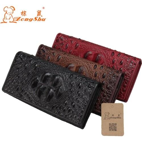 Vintage Cow Leather Long Wallets Crocodile Pattern Unisex Purse Function Brown Genuine Leather Women Wallet with Card Holders