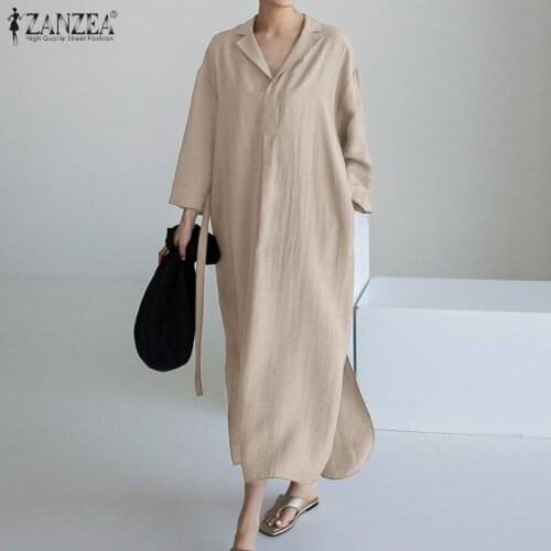ZANZEA Autumn Dress Women Elegant Long Sleeve Solid Long Sundress Vintage Lapel Neck Split Hem Casual Vestidos Kaftan Oversized