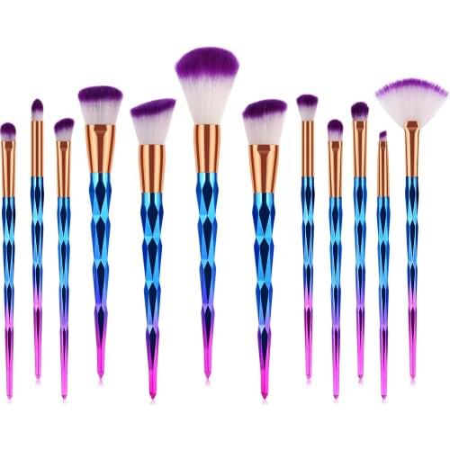 Newest 12pcs Colorful Gradient Diamond Handle Makeup Brush Large Loose Powder Brush Beauty Tools Eyeshadow Brush Set