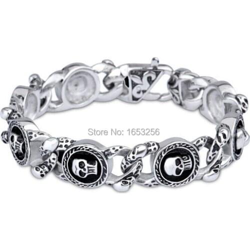 71g weight 16mm Stainless Steel Black Skull Link Chain Gothic Biker Men Bracelet 8.66"