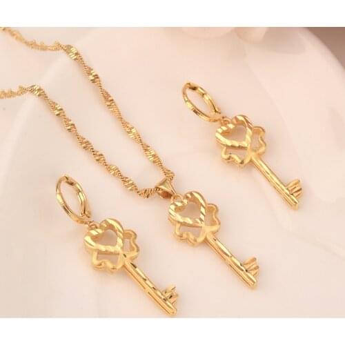 African Habesha Set Ethiopia KEY pendant Necklace/Earrings Gold Color Dubai Sudan women girls Wedding bridal jewelry Gift