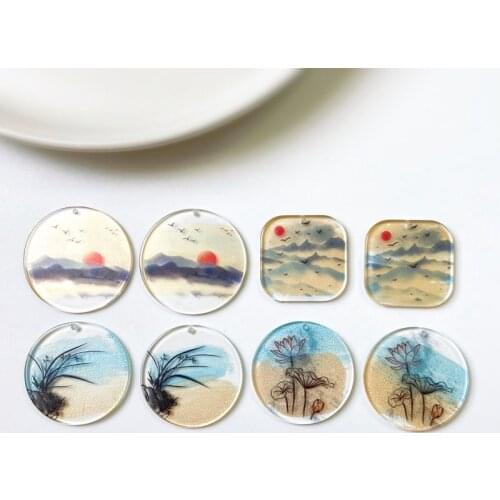 Ancient style landscape Chinese painting style acrylic jewelry material diy accessories earring pendant lotus orchid figure