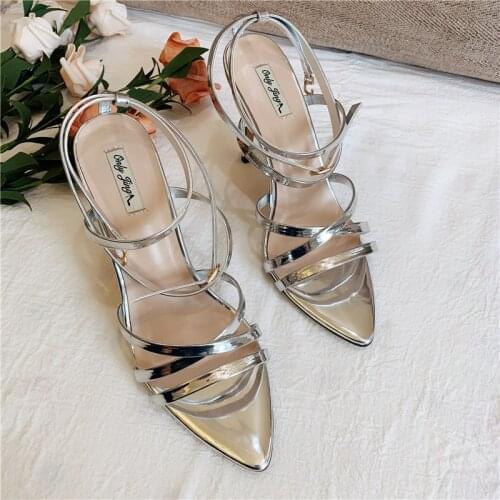 Free shipping fashion women sandals Casual Designer silver patent leather strappy Ankle-Wrap high heels sandals shoes 10cm