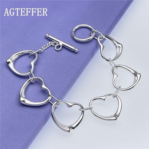 AGTEFFER 925 Sterling Silver Six Heart-Shaped Bracelet Men And Women Wedding Engagement Party Fashion Jewelry Gift