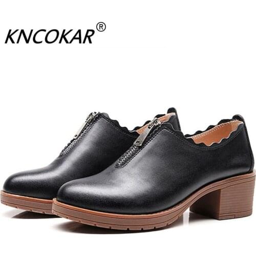 Spring And Autumn Lace-Up Small Leather Shoes Thick Heel Single Leather Medium Heel Leisure Large Size Womens Shoes