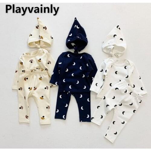 2021 New Autumn Kids Girls Boys Pajamas 3-pcs Sets Cartoon Moon Top + Pants + Cap Homewear Baby Newborn Sleepwear E3633