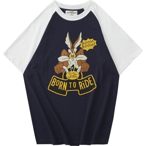 Cartoon Print Short Sleeve T-shirt Mens Summer Hit Color Stitching Raglan Sleeve Casual Loose Crew Neck Cotton Tee Men