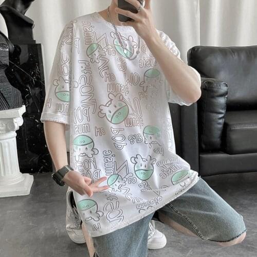 Summer Mens Loose Casual T-shirt Ice Silk Half Sleeve Thin Cool Cartoon Print Top Yellow Green K36