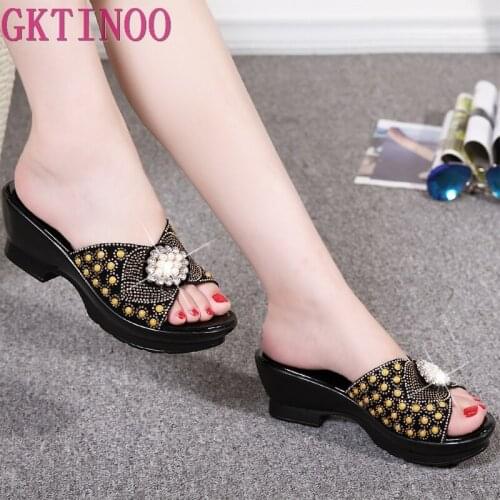 GKTINOO Women Slippers 2020 Ladies Summer Slippers Shoes Women High Heels Fashion Rhinestone Summer Shoes Genuine Leather