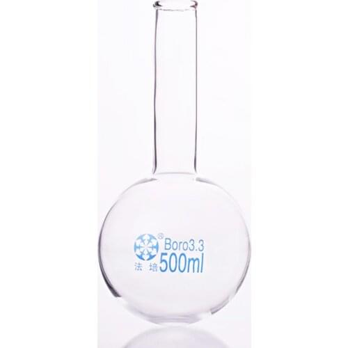 Boiling flask round bottom long narrow neck,Capacity 500ml,The O.D. of the neck is about 33mm,Long neck flask with normal mouth