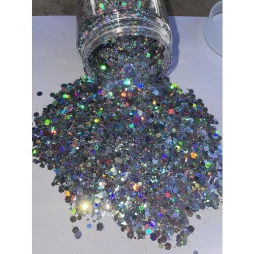 Nail Glitter 50G Holographic Mixed Hexagon Shape Chunky Nail Glitter Silver Sequins Laser 24-Color Chunky Holographic Glitter