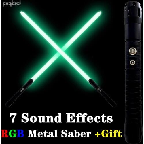 Pqbd RGB Laser Sword Blaster LED Toys FOC Lock Up Black Metal Handle Lightsaber 7 Original Movie Sound Effects Light Saber