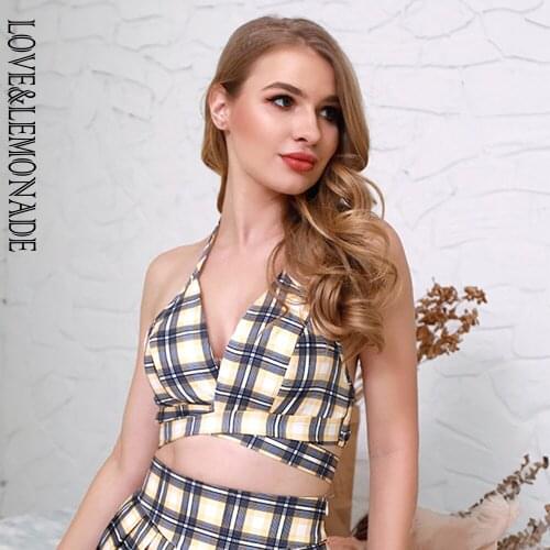 LOVE&LEMONADE Yellow Plaid V-Neck Cross Straps Mini Top AT02248-1