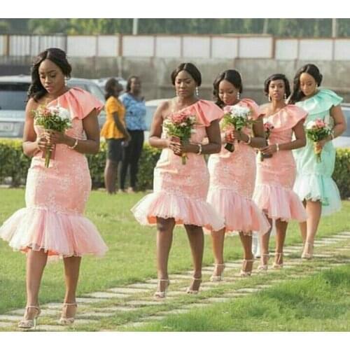 Pink Cheap Bridesmaid Dresses Under 50 Mermaid One-shoulder Tulle South African Wedding Party Dresses