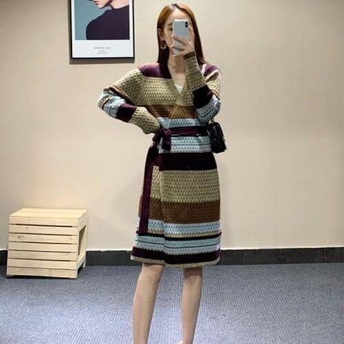 Autumn Winter Elegant Stripe Mixed Color Womens Knitting Dresses Long Sleeve Lace Up Waist V-Neck Female Medium Length Dresses