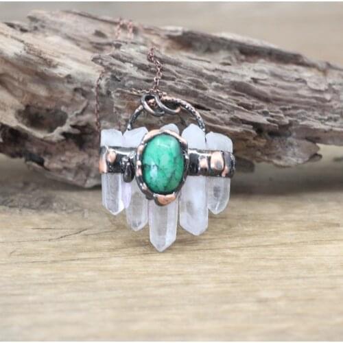 Natural Quartz Point Pendants Antique Copper Necklace,Reiki Energy Graduated Crystal Green Jades Meditation Retro Jewelry,QC3036
