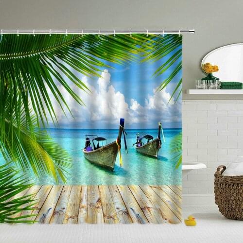 Beach Sea Palm Trees Shower Curtains Scenery Waterproof 3d Bathroom Curtains With Hooks Home Decoration Washable Bath Screen