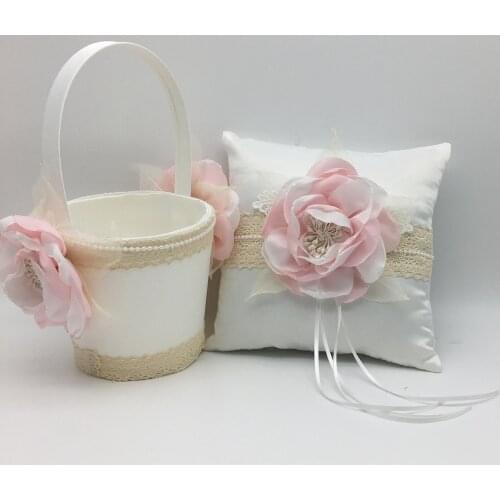 Ring Bearer Pillow and Wedding Flower Girl Basket Set with Flower and Pearls design for Wedding Engagement Party Decoration