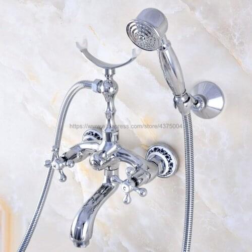 Polished Chrome Bathtub Faucet Wall Mount Handheld Bath Tub Mixer System with Handshower Telephone Style Nna761