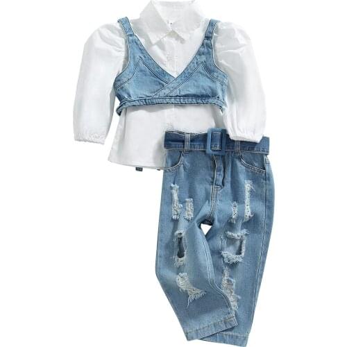 Infant Kids Baby Girls Casual Three-piece Clothes Set Solid Color Long Sleeve Shirt, V-neck Vest and Jeans Broken Holes 1-6T