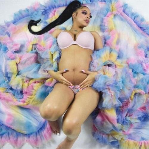 Rainbow Maternity Dress for Photo Shoot Props Puffy Ruffles Maternity Gowns Photography Gown Costume Prom Wear Bathrobe